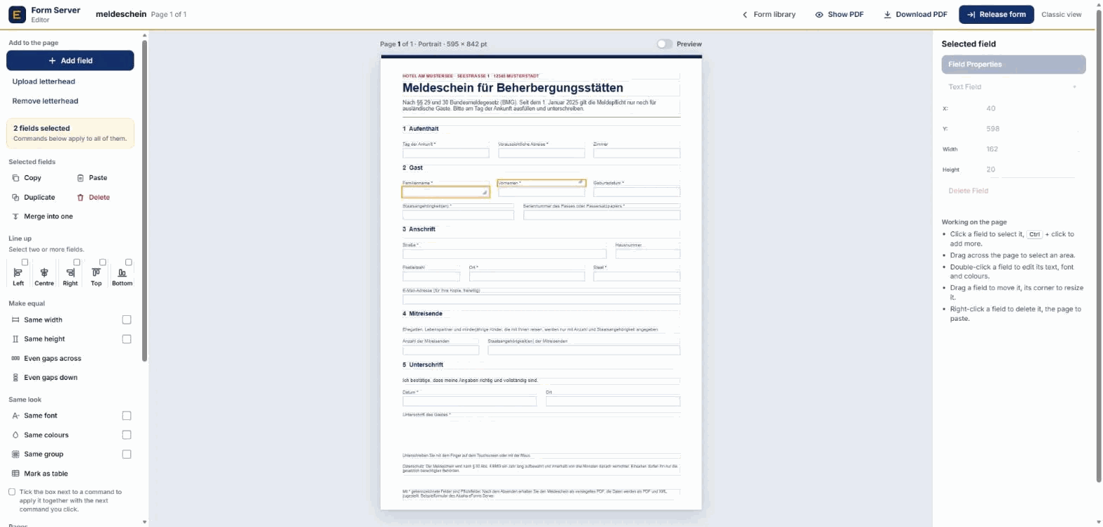 The form editor: tools on the left, the page in the middle, the selected field on the right