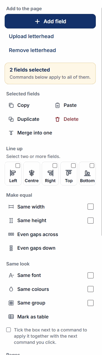 Tools on the left: Add field, letterhead, selected fields, line up, make equal and same look