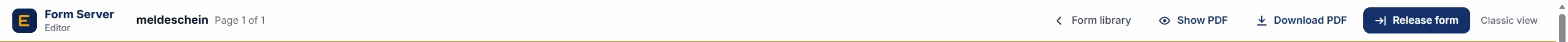 Top bar of the editor with form name, Form library, Show PDF, Download PDF and Release form